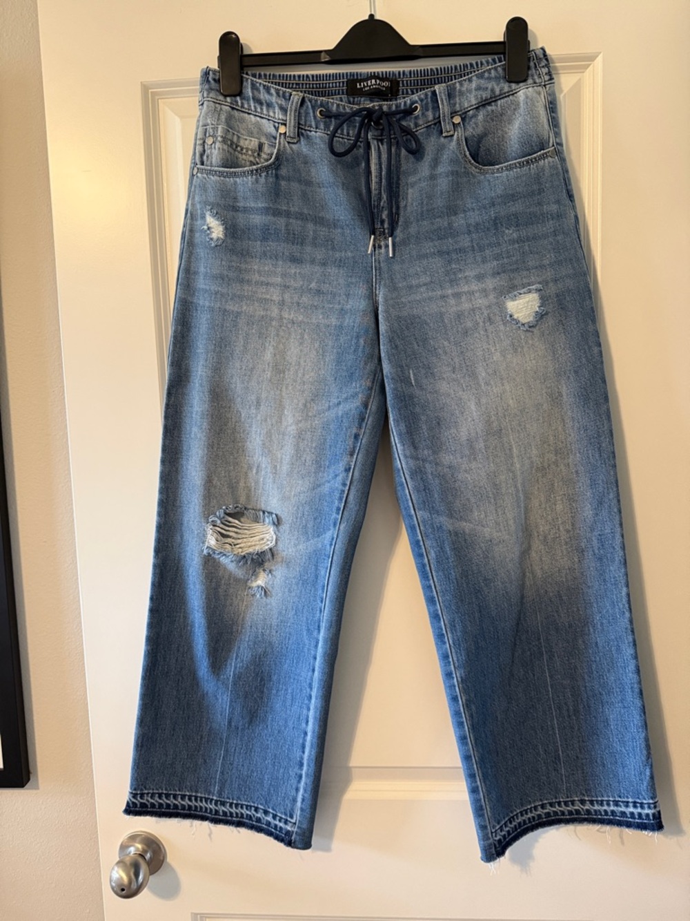 Liverpool Light Wash Distressed Drawstring Cropped Jeans